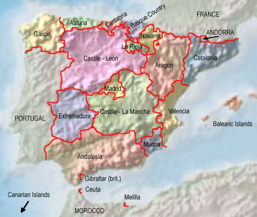 Landkarte autonome Regionen Spaniens Map autonomous Regions of Spain