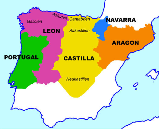 Karte der historischen Königreiche auf der Iberischen Halbinsel Map of the historical Kingdoms on the Iberian Peninsula